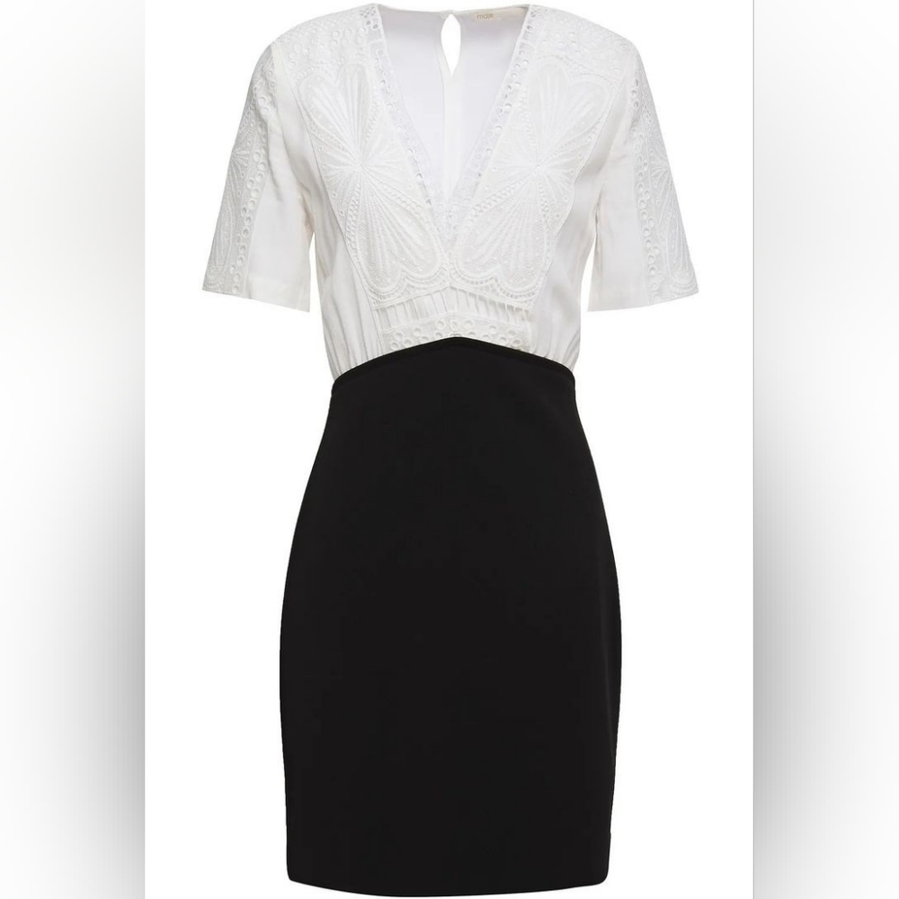 Maje Ravelle Lace-Inset Ceep V Neck Colorblock Mini Dress Ptp 17" Sz 3 UK / L US - Picture 6 of 16